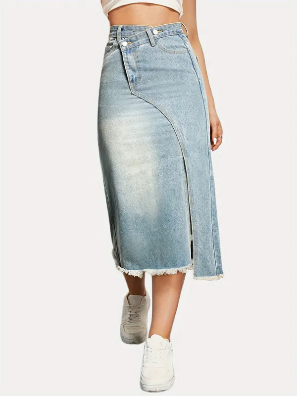 Distressed Washed Denim Slit Skirt with High Waist Twist