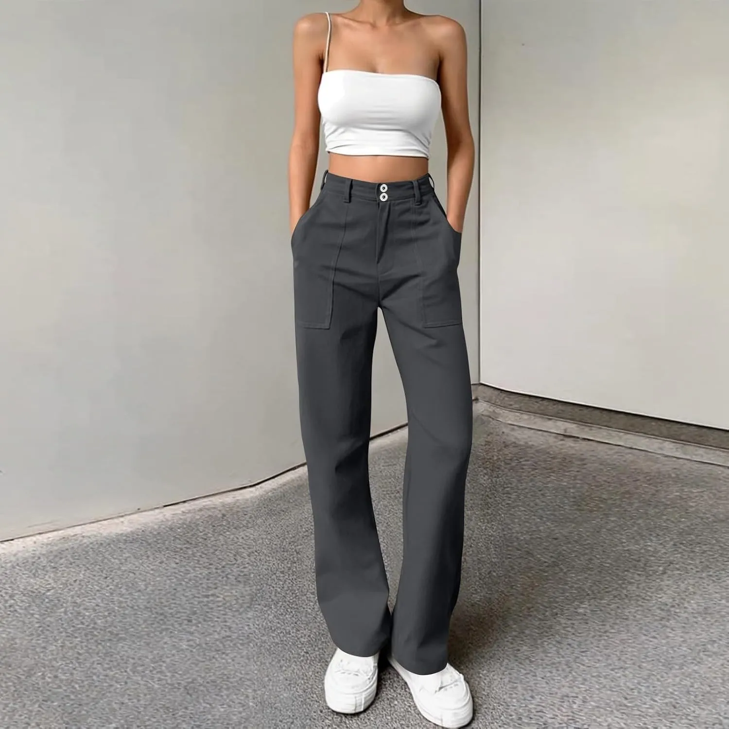Elastic Waist Chino Pants for Women Straight Leg Pull On Dress Pants Stretchy Work Pants Business Casual Slacks Pockets
