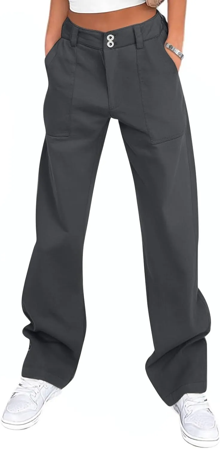 Elastic Waist Chino Pants for Women Straight Leg Pull On Dress Pants Stretchy Work Pants Business Casual Slacks Pockets