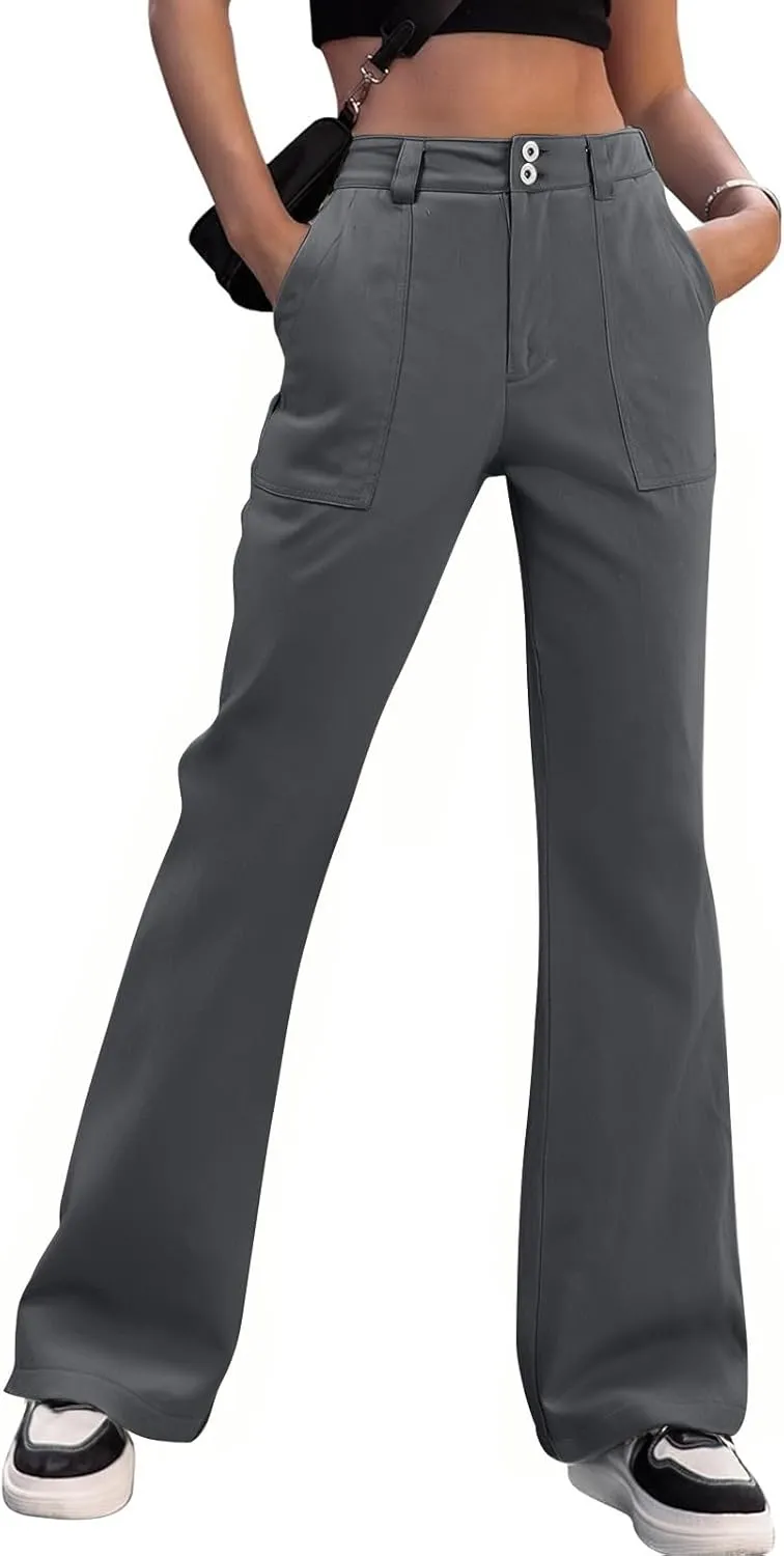 Elastic Waist Chino Pants for Women Straight Leg Pull On Dress Pants Stretchy Work Pants Business Casual Slacks Pockets