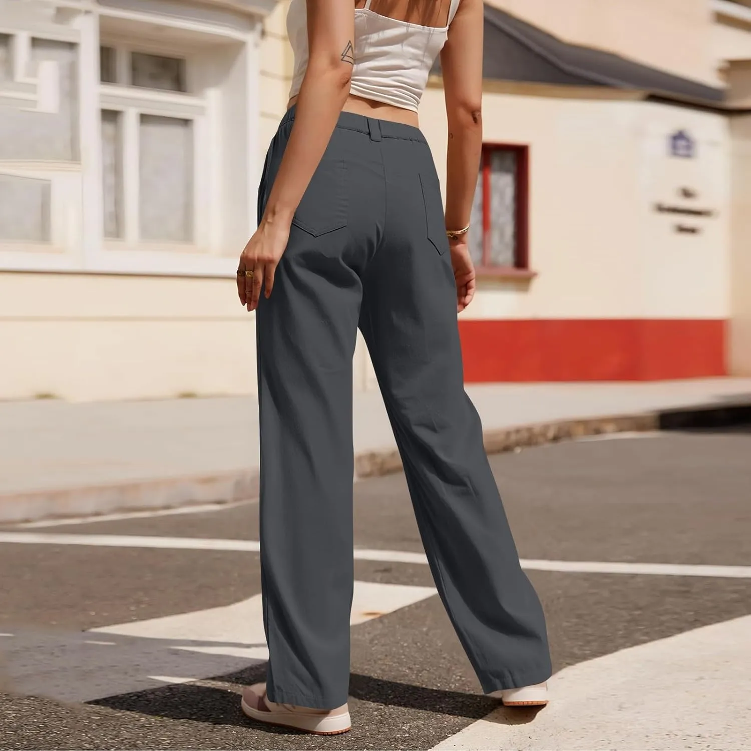 Elastic Waist Chino Pants for Women Straight Leg Pull On Dress Pants Stretchy Work Pants Business Casual Slacks Pockets