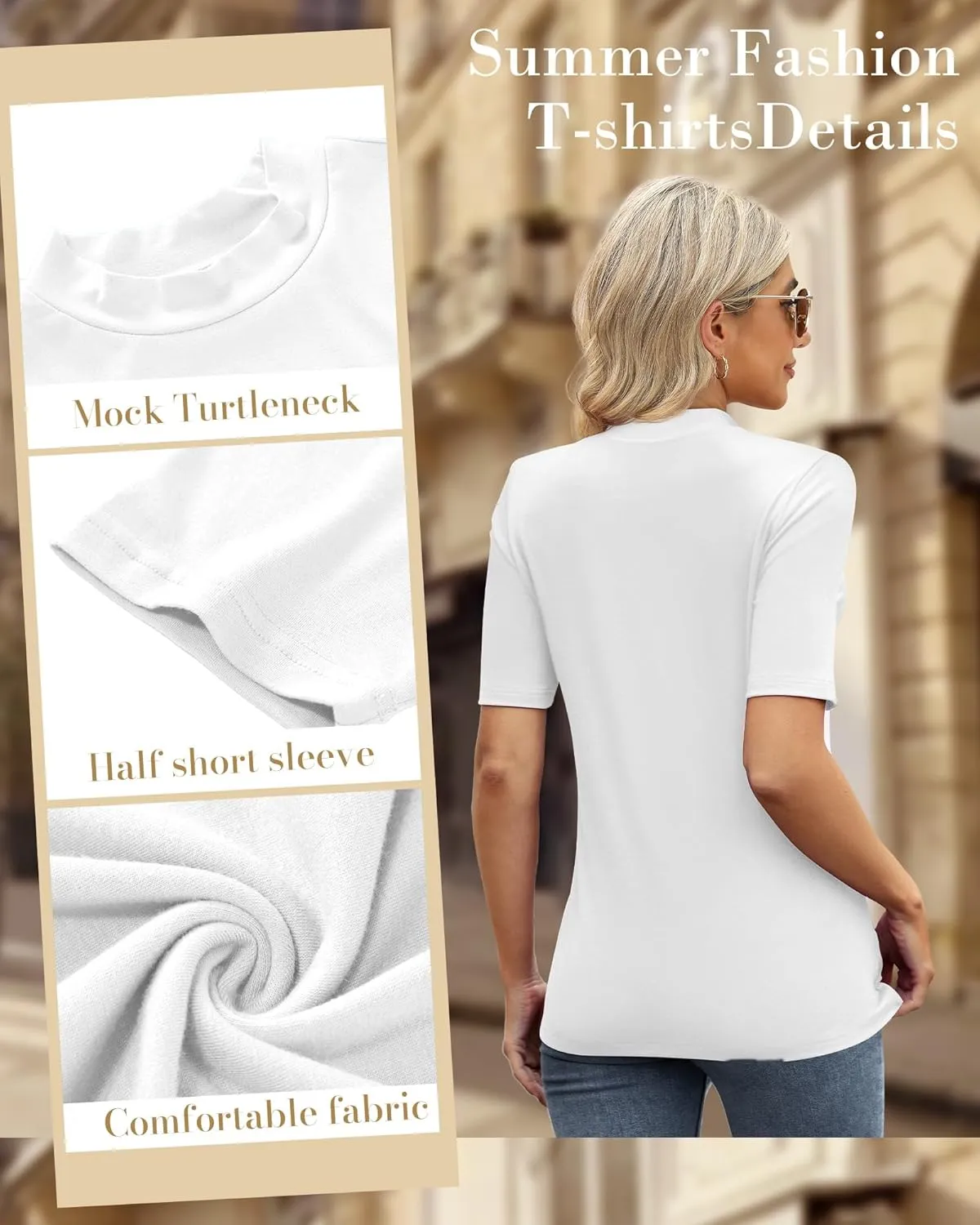 Ficerd 2 Pack Women's Mock Turtleneck T Shirts, Half Sleeve Business Casual Tunic Tops Slim Fit Summer Basic Dressy Tee Shirt
