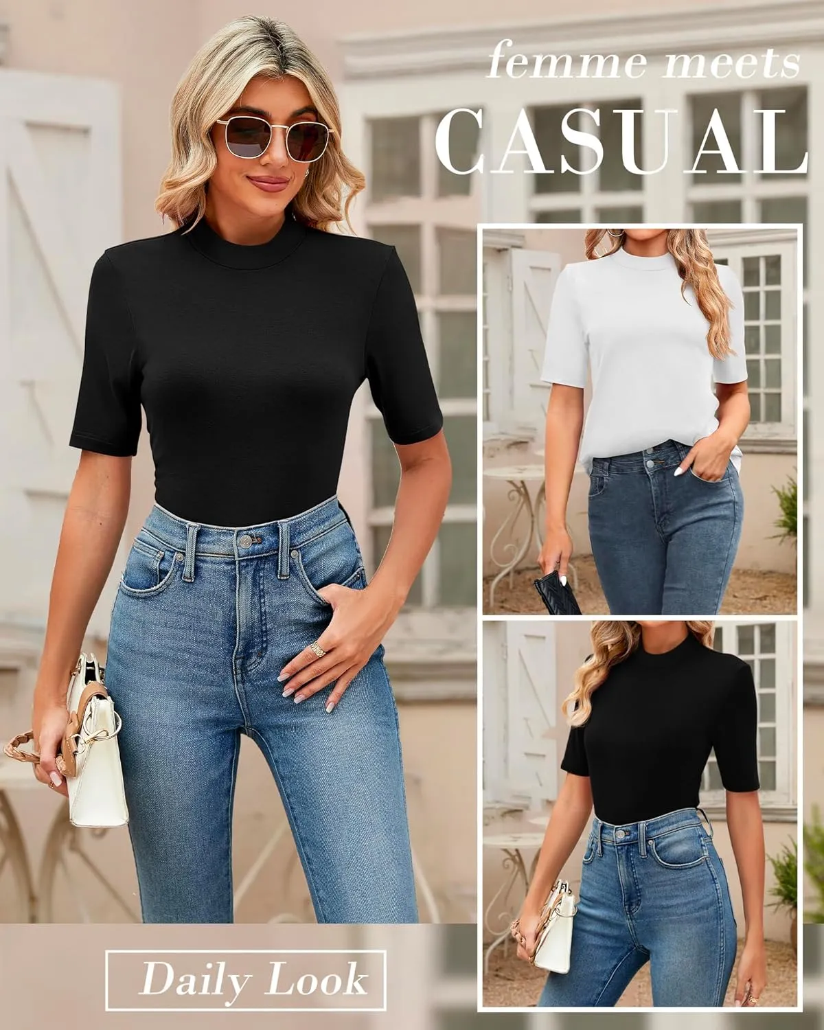 Ficerd 2 Pack Women's Mock Turtleneck T Shirts, Half Sleeve Business Casual Tunic Tops Slim Fit Summer Basic Dressy Tee Shirt