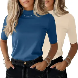 Ficerd 2 Pack Women's Mock Turtleneck T Shirts, Half Sleeve Business Casual Tunic Tops Slim Fit Summer Basic Dressy Tee Shirt