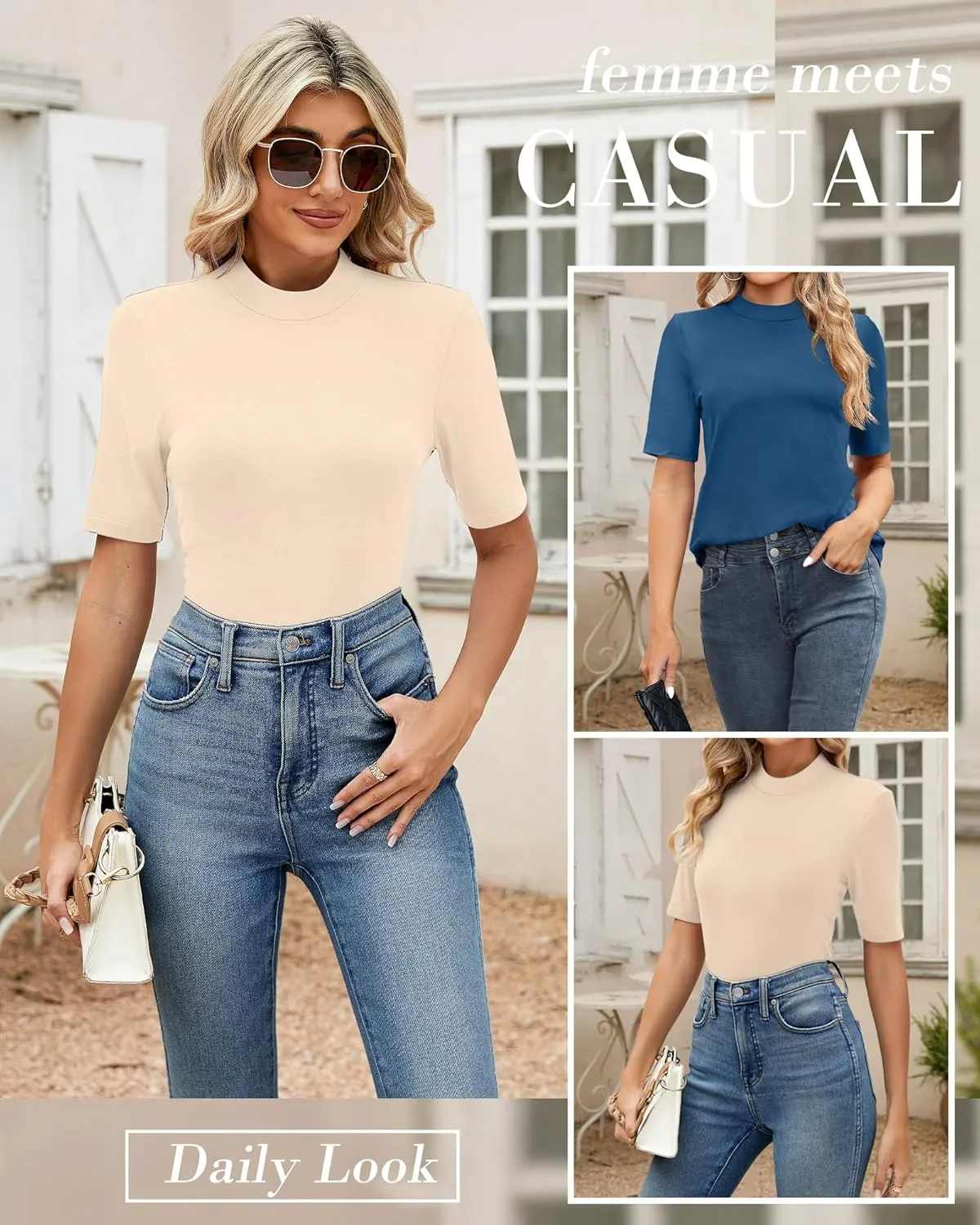 Ficerd 2 Pack Women's Mock Turtleneck T Shirts, Half Sleeve Business Casual Tunic Tops Slim Fit Summer Basic Dressy Tee Shirt