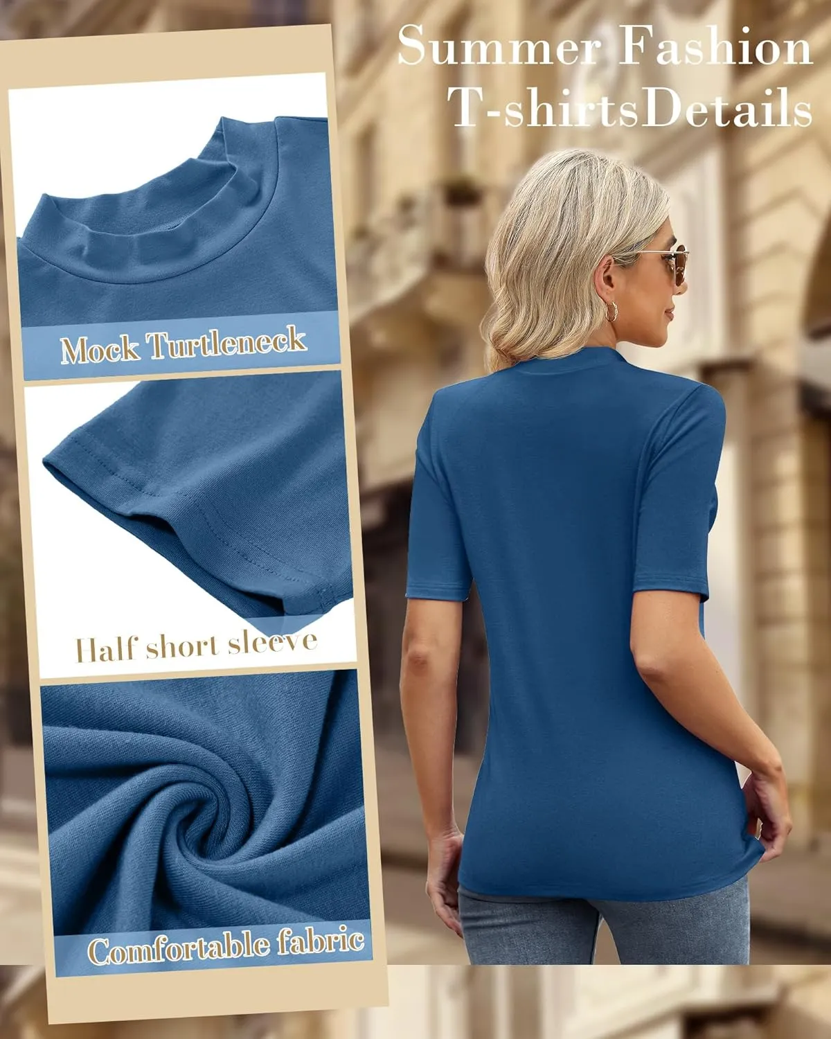 Ficerd 2 Pack Women's Mock Turtleneck T Shirts, Half Sleeve Business Casual Tunic Tops Slim Fit Summer Basic Dressy Tee Shirt