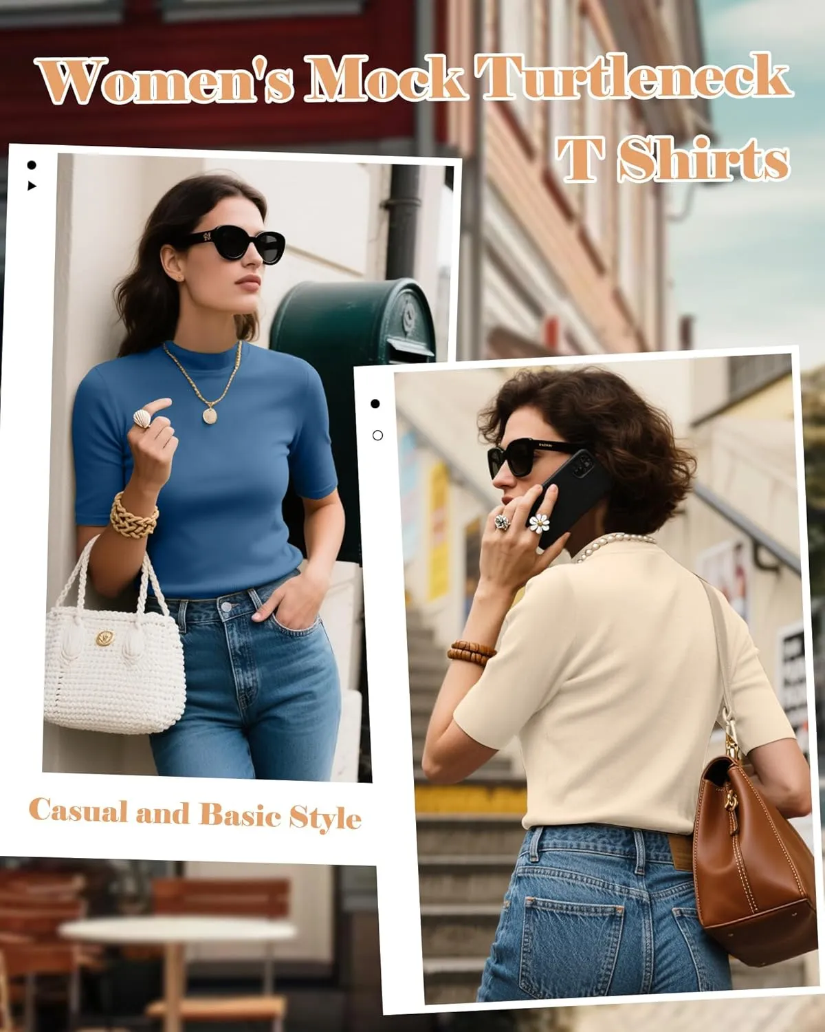 Ficerd 2 Pack Women's Mock Turtleneck T Shirts, Half Sleeve Business Casual Tunic Tops Slim Fit Summer Basic Dressy Tee Shirt
