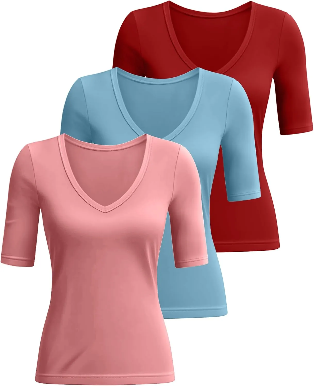 Ficerd 3 Pack Women's Half Sleeve V Neck T Shirts, Cotton Elbow Length Sleeve Shirt Slim Fit Tunic Top Casual Summer Tee