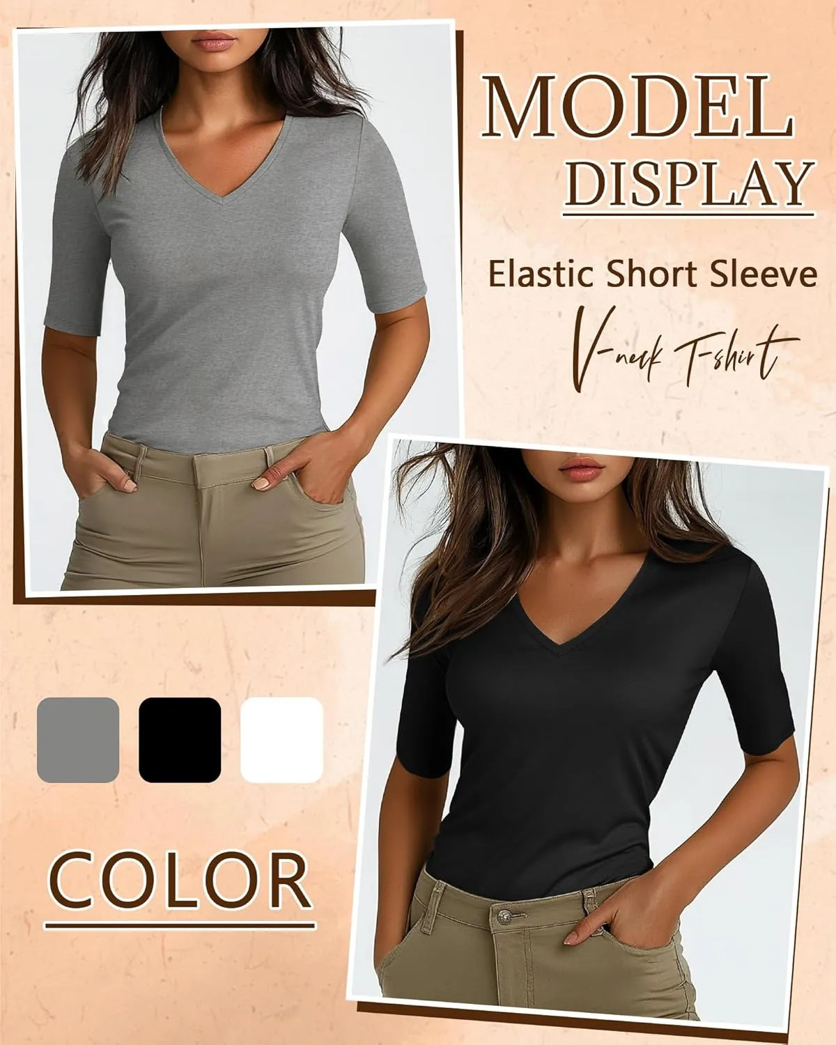 Ficerd 3 Pack Women's Half Sleeve V Neck T Shirts, Cotton Elbow Length Sleeve Shirt Slim Fit Tunic Top Casual Summer Tee