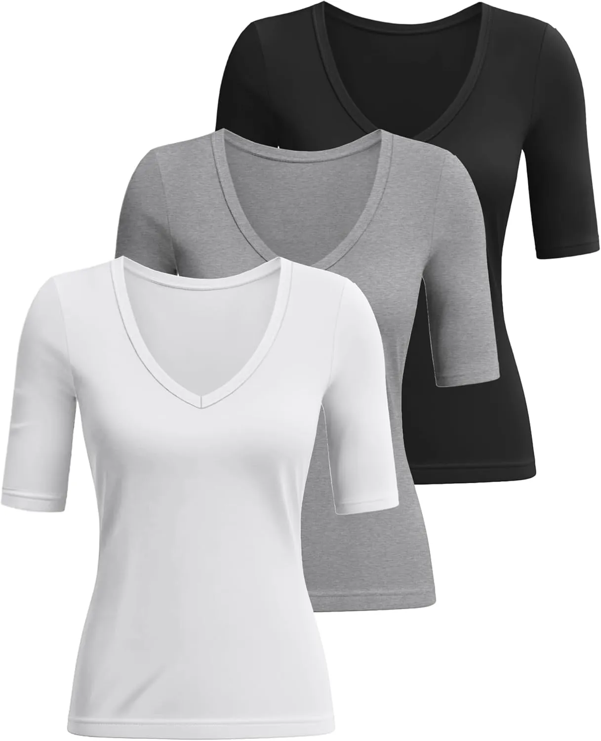 Ficerd 3 Pack Women's Half Sleeve V Neck T Shirts, Cotton Elbow Length Sleeve Shirt Slim Fit Tunic Top Casual Summer Tee