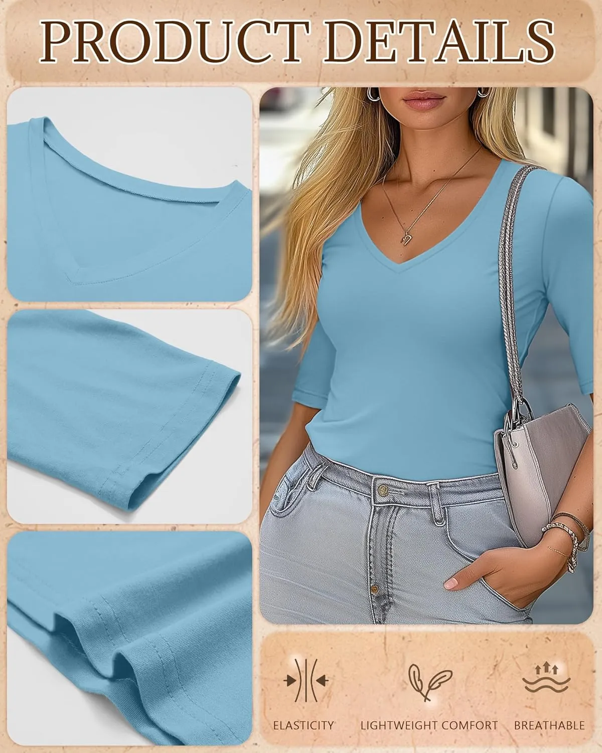 Ficerd 3 Pack Women's Half Sleeve V Neck T Shirts, Cotton Elbow Length Sleeve Shirt Slim Fit Tunic Top Casual Summer Tee