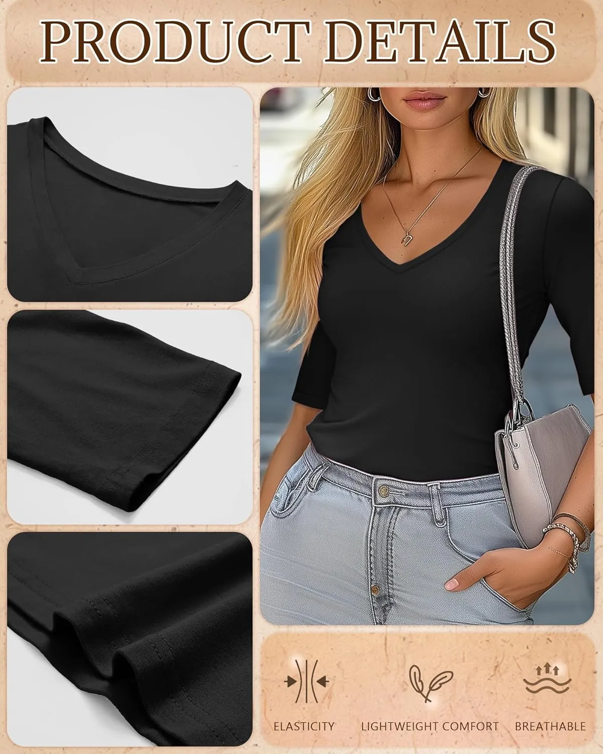 Ficerd 3 Pack Women's Half Sleeve V Neck T Shirts, Cotton Elbow Length Sleeve Shirt Slim Fit Tunic Top Casual Summer Tee
