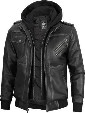 fjackets Real Leather Bomber Jacket - Motorcycle Casual Stand Collar Jackets with Removable Hood