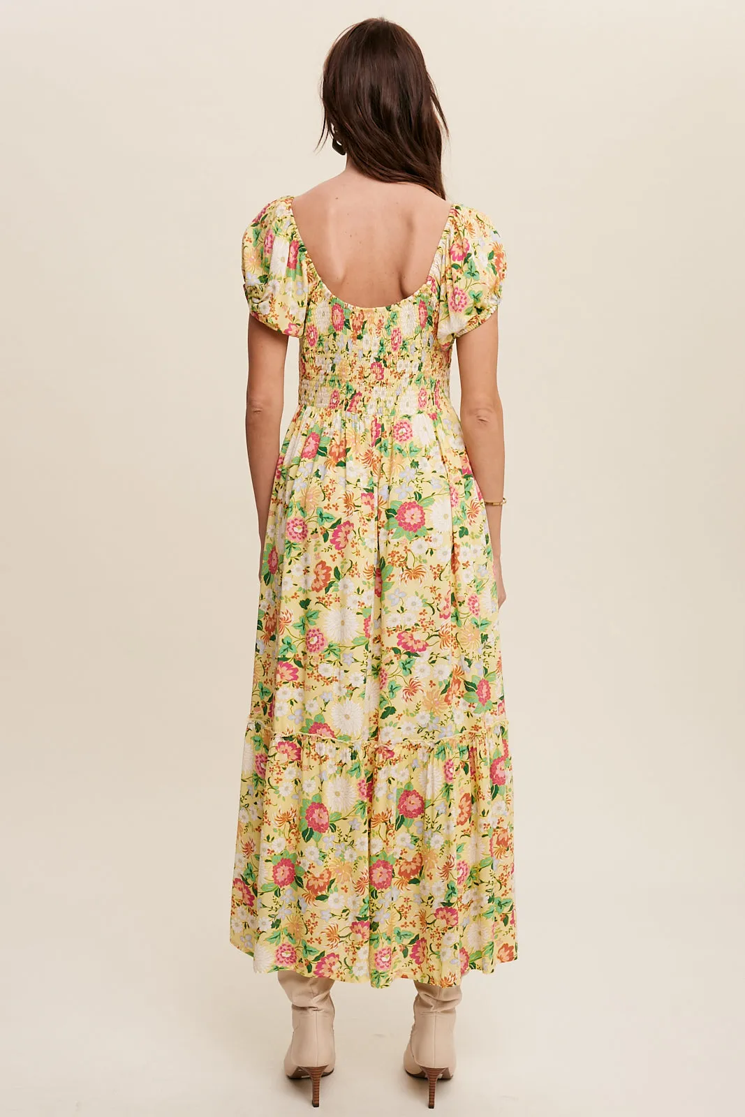 Floral Sweetheart Bodice Puff Sleeve Maxi Dress
