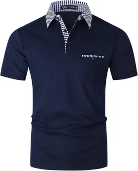 GHYUGR Men's Polo Shirts Short Sleeve Slim Fit Polo Casual Plaid Splice T-Shirts
