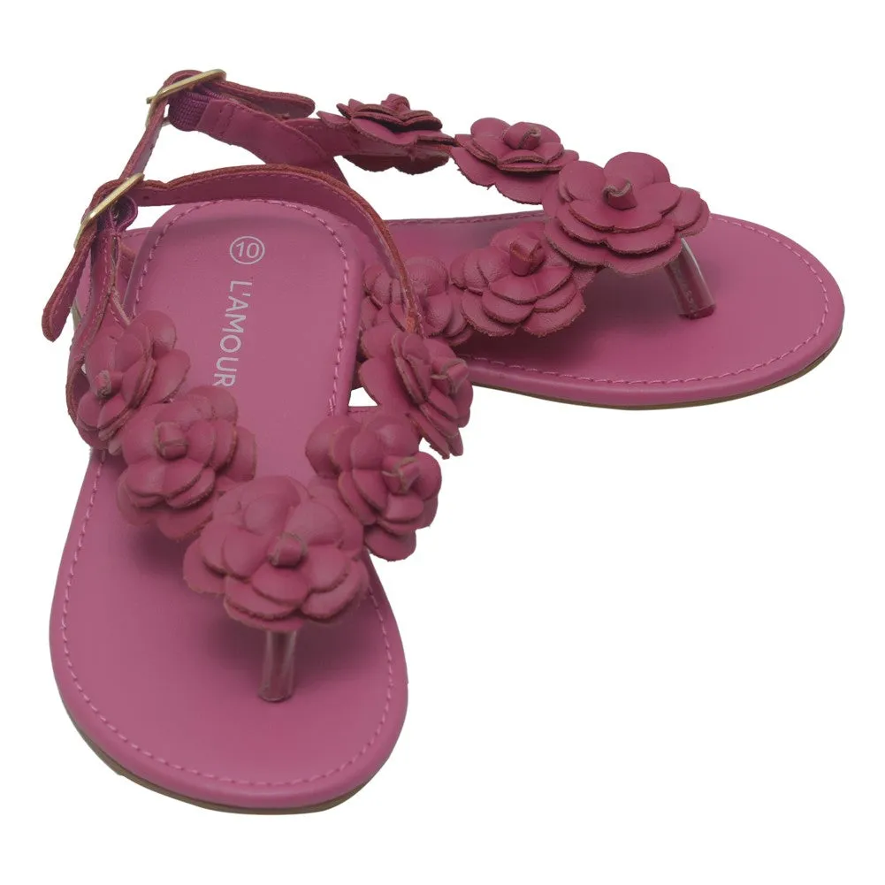 Girls Fuchsia Flower Blossom Accent Buckle Thong Sandals 11-4 Kids