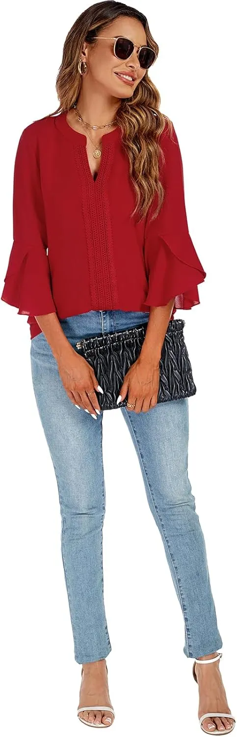 jonivey Womens Dressy Casual Blouses 3/4 Bell Ruffle Sleeve V Neck Business Lace Tops Ladies Trendy Work Shirts