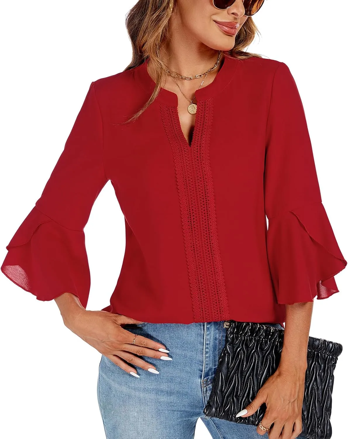 jonivey Womens Dressy Casual Blouses 3/4 Bell Ruffle Sleeve V Neck Business Lace Tops Ladies Trendy Work Shirts