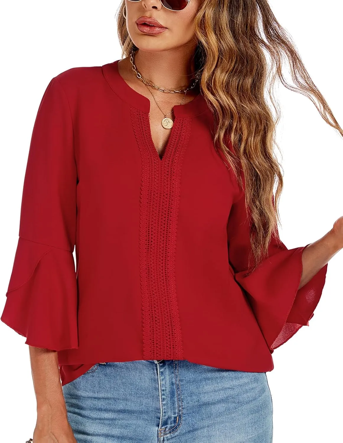 jonivey Womens Dressy Casual Blouses 3/4 Bell Ruffle Sleeve V Neck Business Lace Tops Ladies Trendy Work Shirts