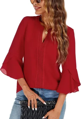 jonivey Womens Dressy Casual Blouses 3/4 Bell Ruffle Sleeve V Neck Business Lace Tops Ladies Trendy Work Shirts