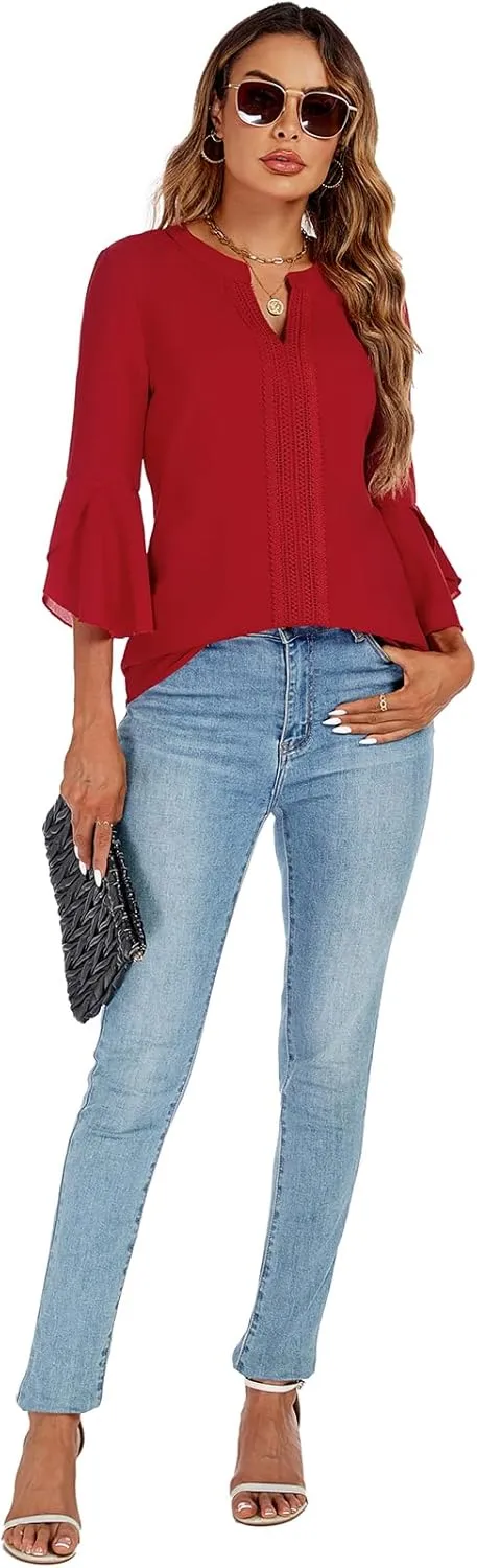 jonivey Womens Dressy Casual Blouses 3/4 Bell Ruffle Sleeve V Neck Business Lace Tops Ladies Trendy Work Shirts