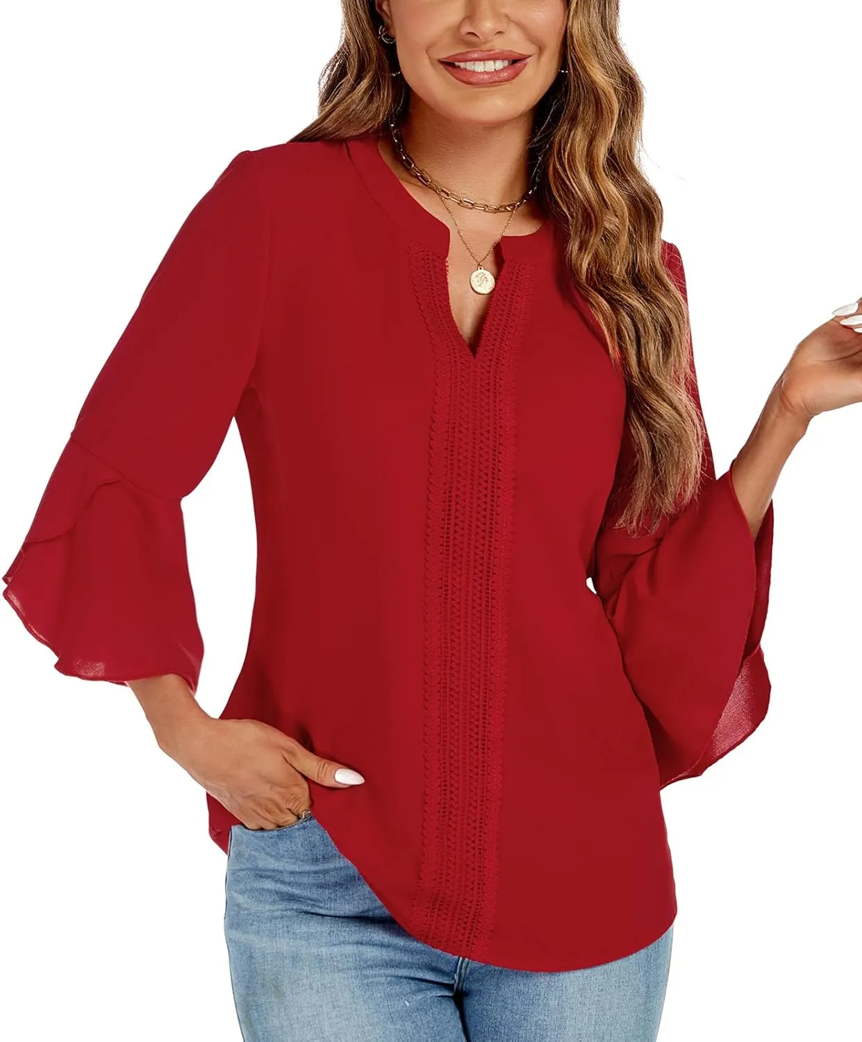 jonivey Womens Dressy Casual Blouses 3/4 Bell Ruffle Sleeve V Neck Business Lace Tops Ladies Trendy Work Shirts