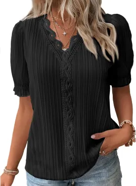 JUSTFASHIONNOW Women's Elegant Lace V Neck Short Sleeve Solid Tops Shirt Blouse