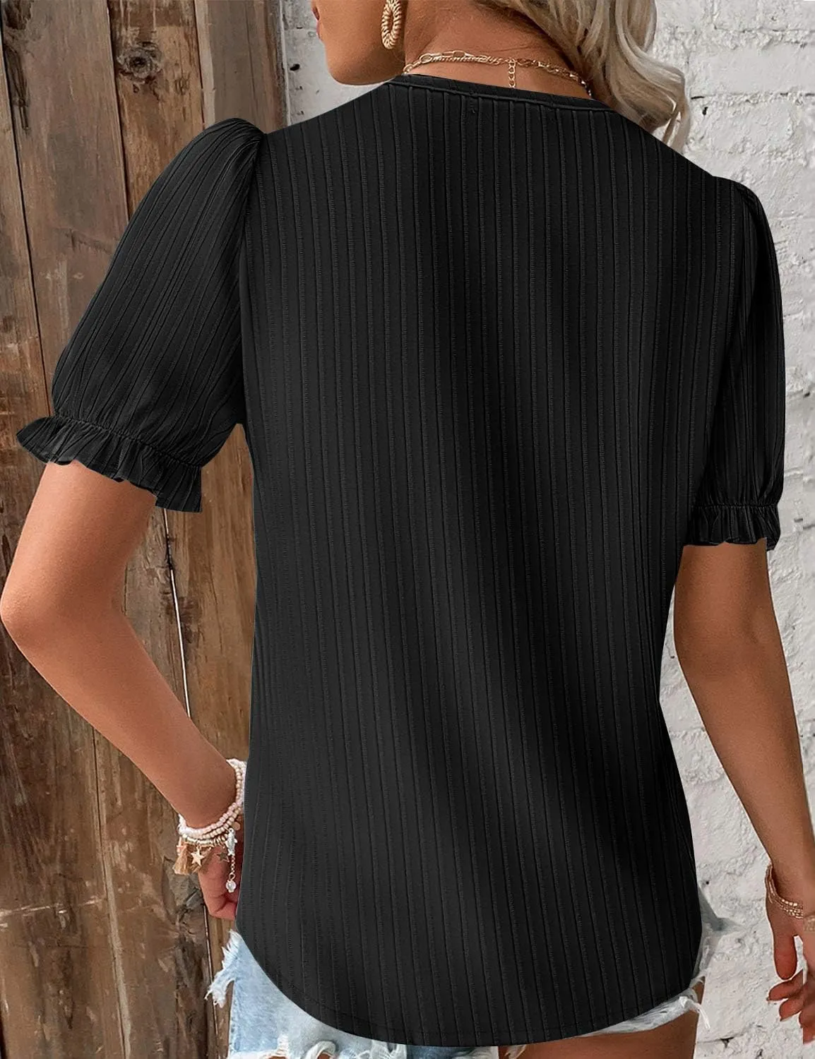 JUSTFASHIONNOW Women's Elegant Lace V Neck Short Sleeve Solid Tops Shirt Blouse