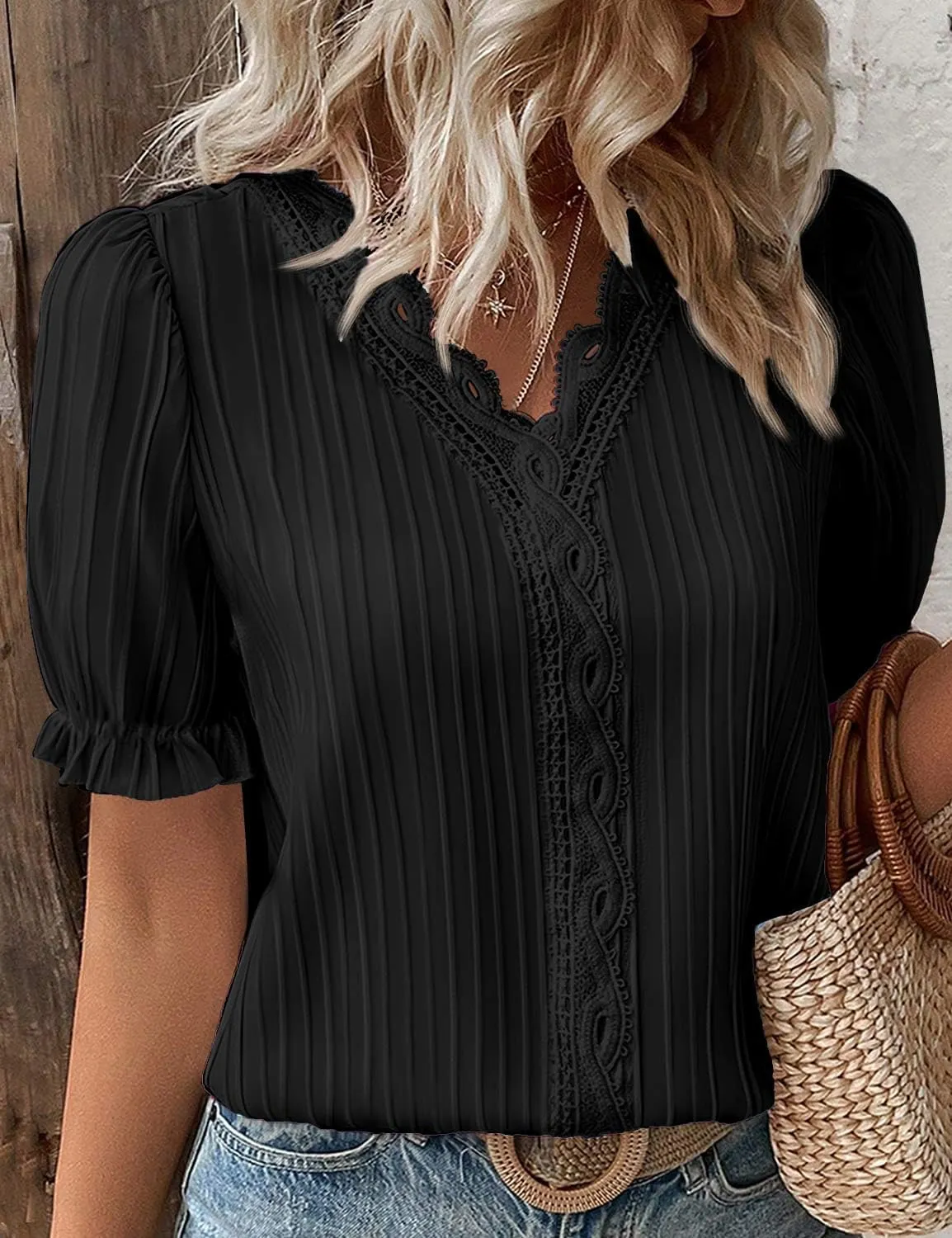 JUSTFASHIONNOW Women's Elegant Lace V Neck Short Sleeve Solid Tops Shirt Blouse