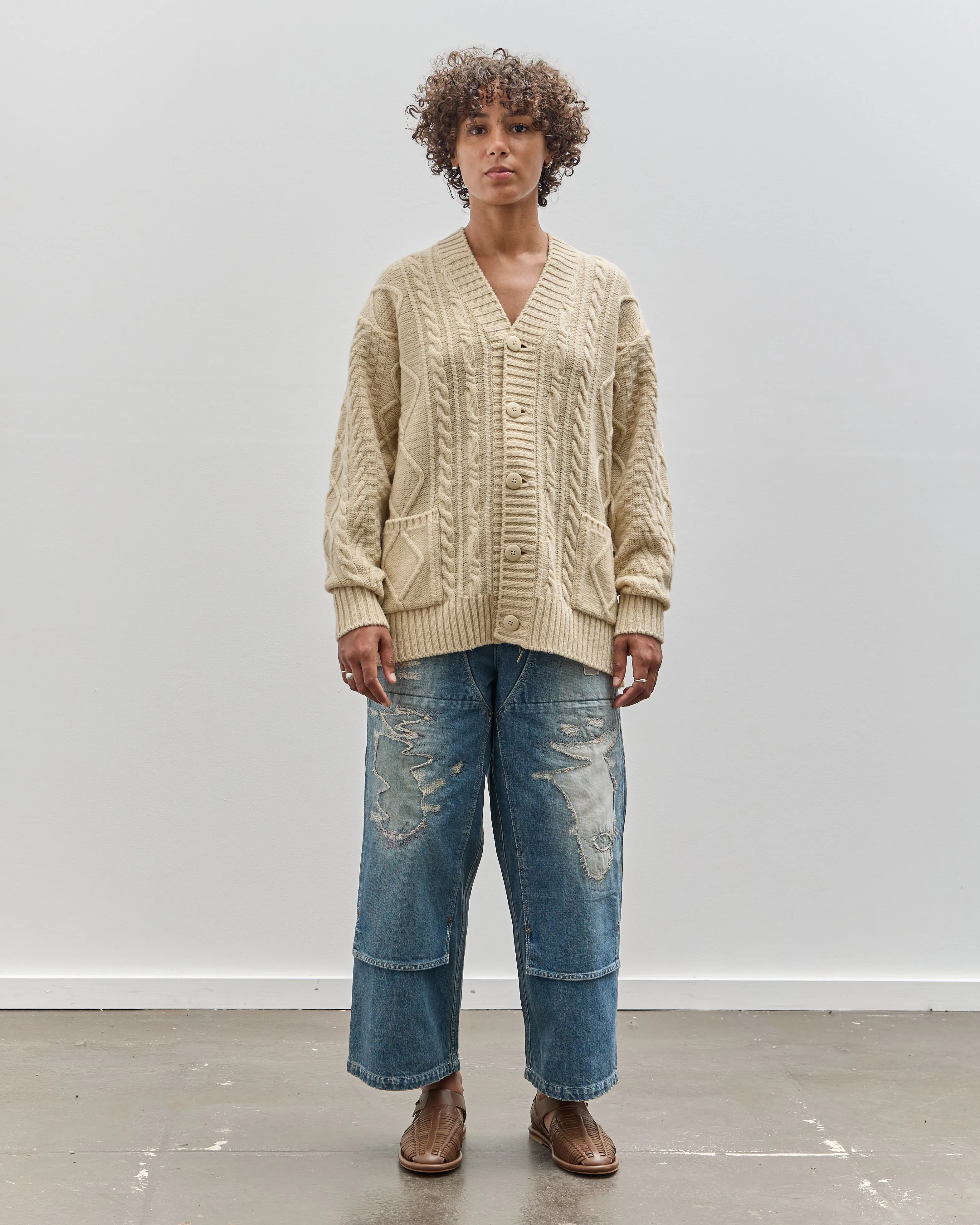 Kapital 5G Wool Cable Knit Rainbowy Patch Cardigan, ecru
