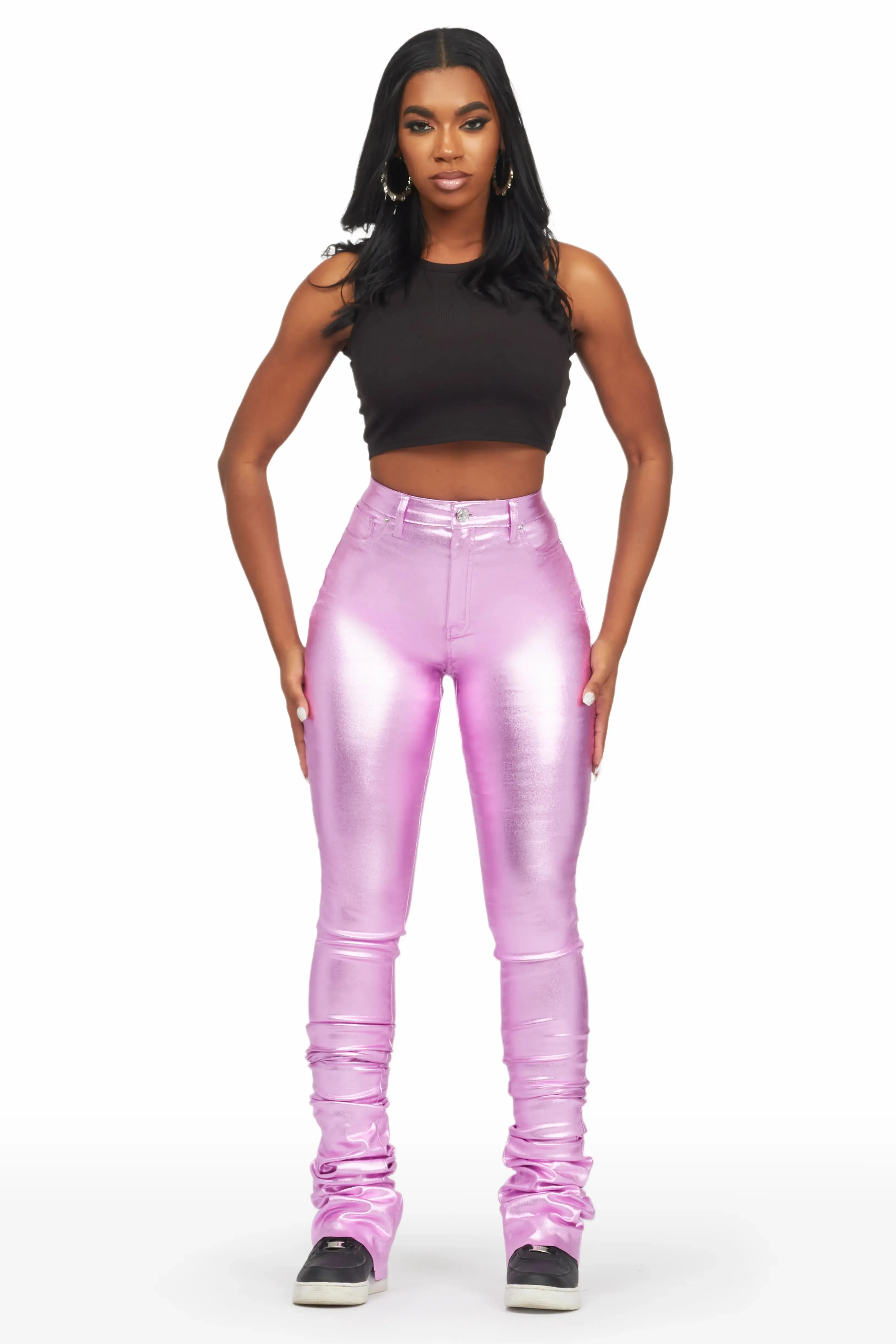 Keyonna Metallic Purple PU Super Stacked Pant