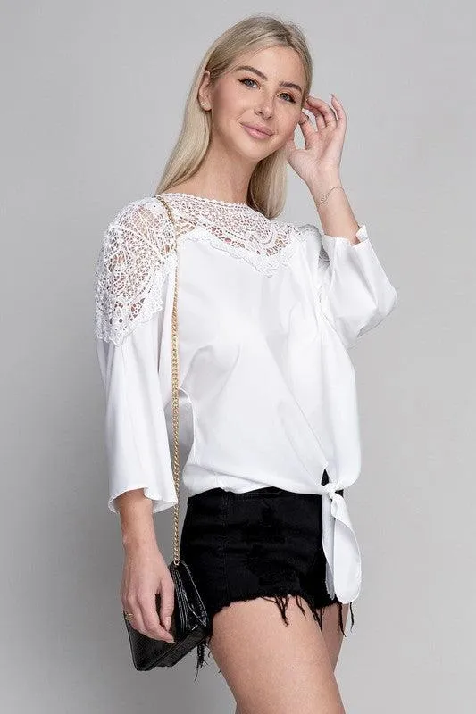 Lace Trim Blouse With Tie