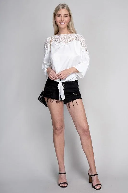 Lace Trim Blouse With Tie