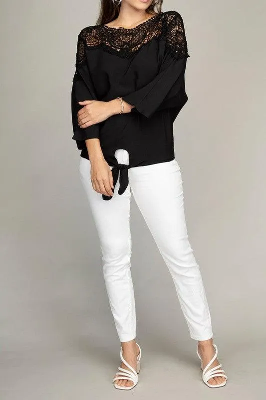 Lace Trim Blouse With Tie