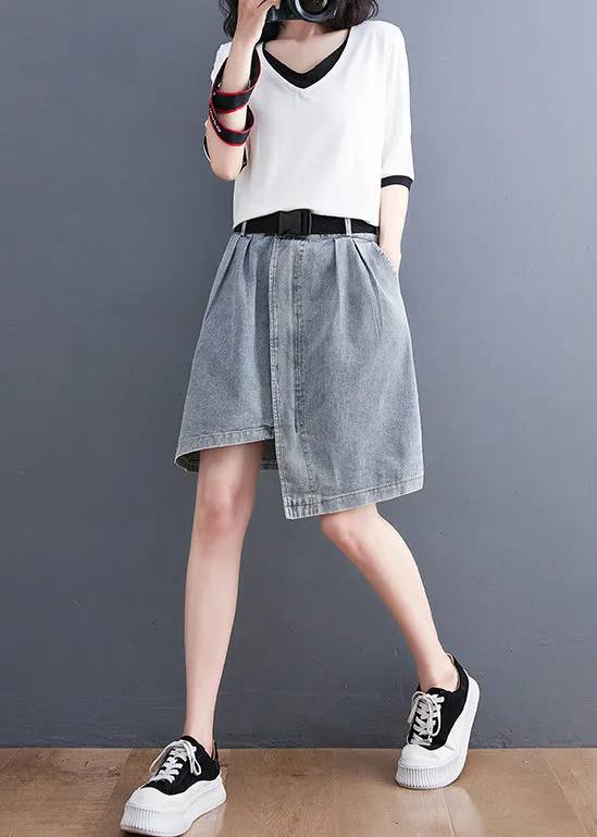 Light Blue Denim Skirts Asymmetrical Design Elastic Waist Summer LY2368