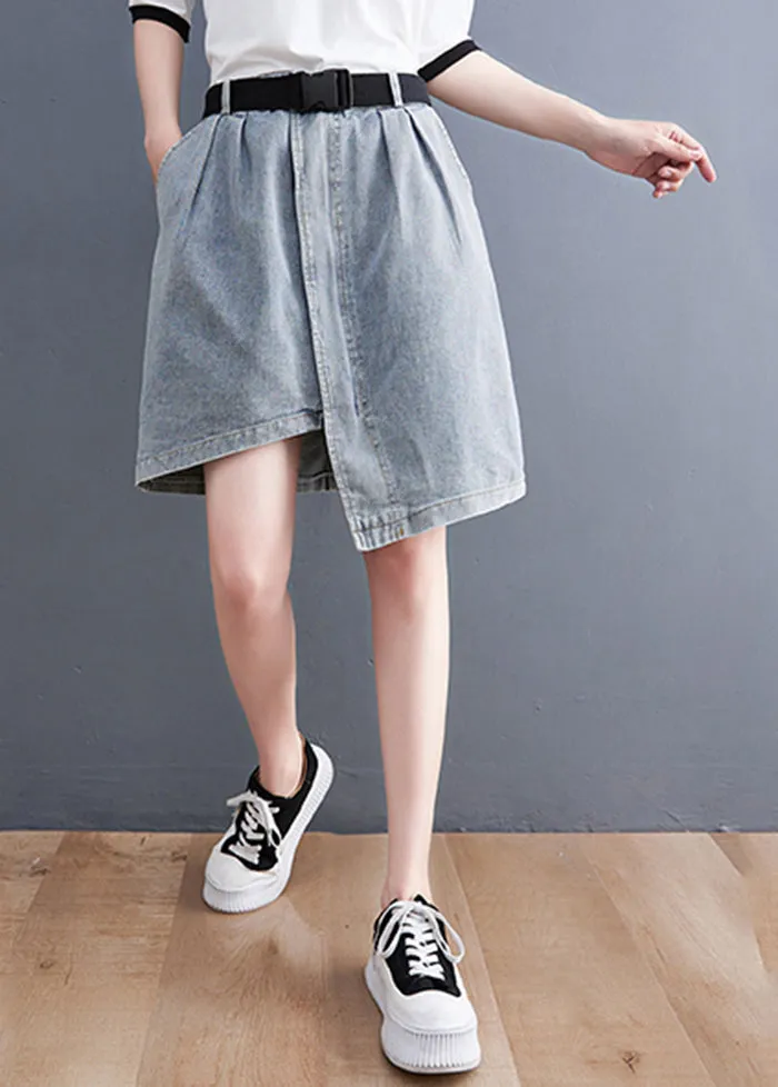 Light Blue Denim Skirts Asymmetrical Design Elastic Waist Summer LY2368