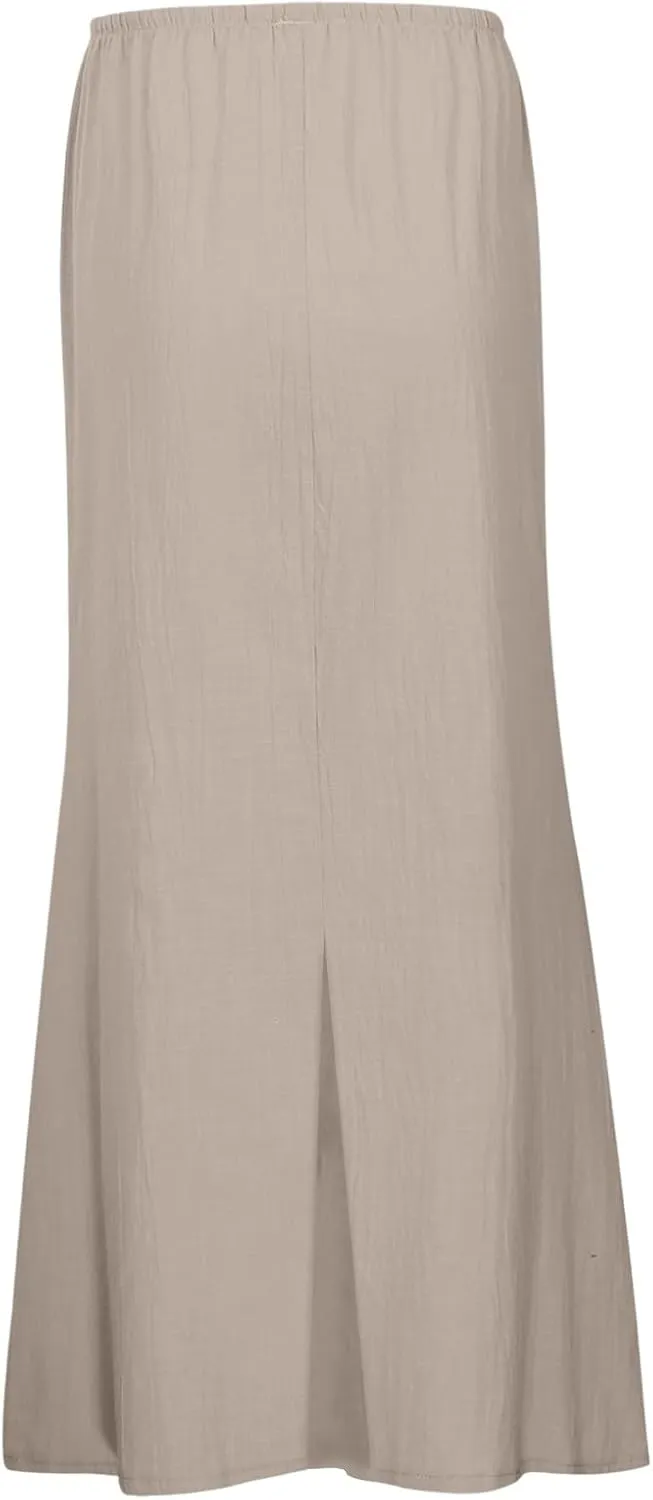 Linen Flared Maxi Skirt with Back Slit 2025 Trendy Elastic Waist Drawstring Long Flowy Ankle-Length Skirt