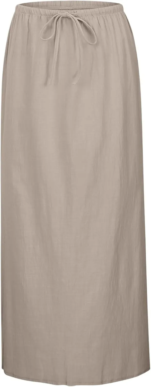 Linen Flared Maxi Skirt with Back Slit 2025 Trendy Elastic Waist Drawstring Long Flowy Ankle-Length Skirt