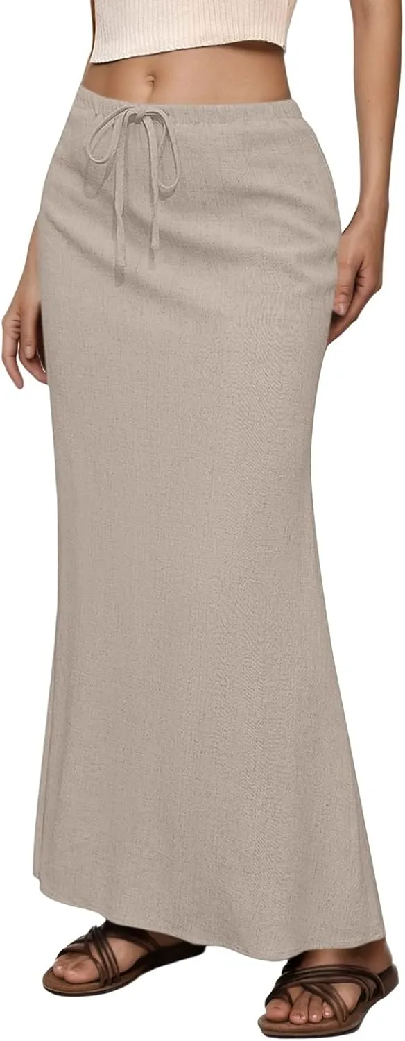 Linen Flared Maxi Skirt with Back Slit 2025 Trendy Elastic Waist Drawstring Long Flowy Ankle-Length Skirt