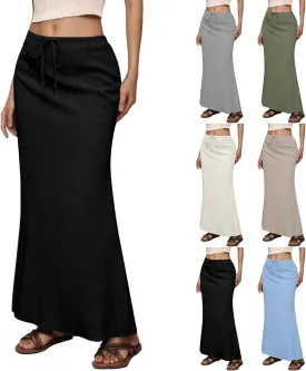 Linen Flared Maxi Skirt with Back Slit 2025 Trendy Elastic Waist Drawstring Long Flowy Ankle-Length Skirt