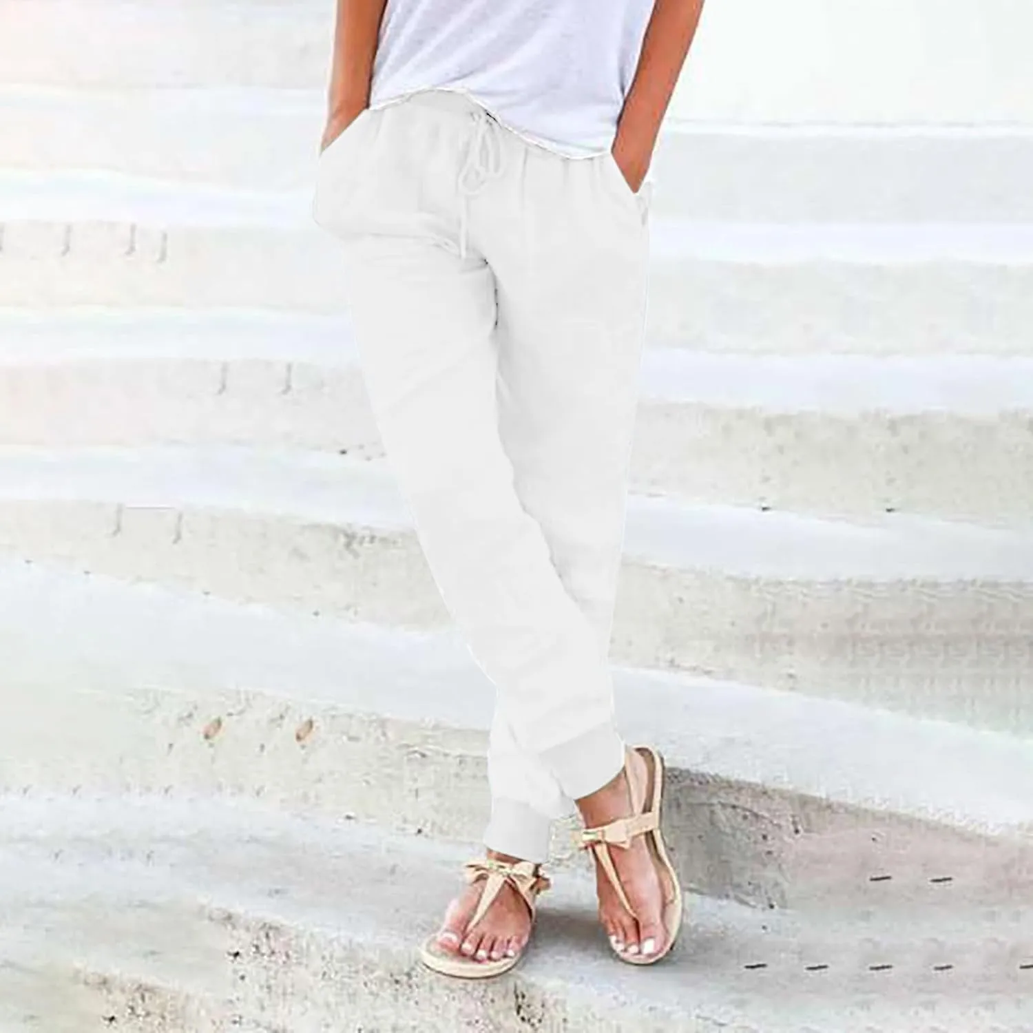 Linen Joggers for Women Casual Tapered Pants Elastic High Waist Cotton Linen Pants Drawstring Pants with Pockets Trousers