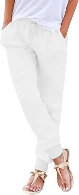 Linen Joggers for Women Casual Tapered Pants Elastic High Waist Cotton Linen Pants Drawstring Pants with Pockets Trousers
