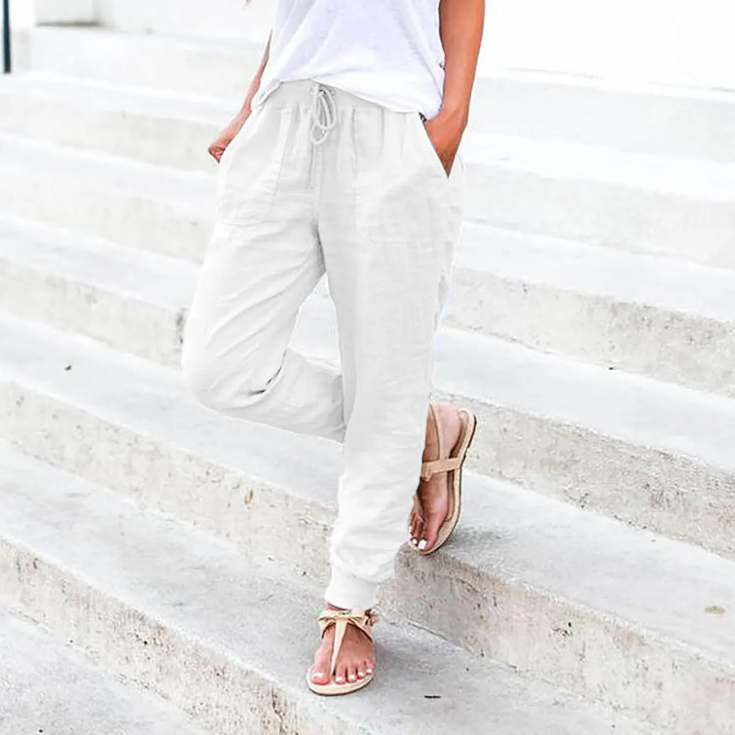Linen Joggers for Women Casual Tapered Pants Elastic High Waist Cotton Linen Pants Drawstring Pants with Pockets Trousers