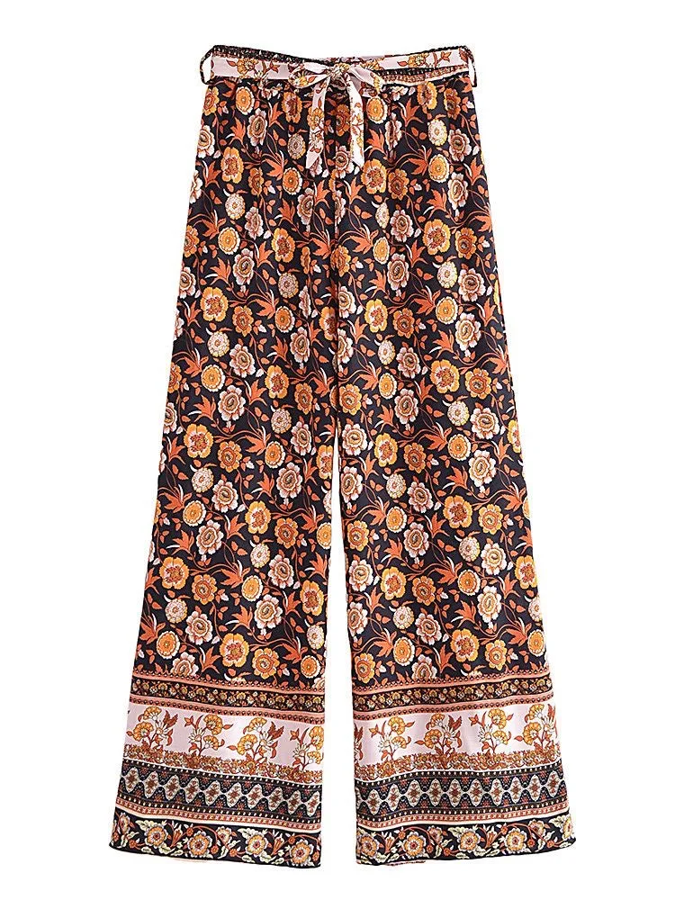 Long Flare Pants Black-Brown Flowers
