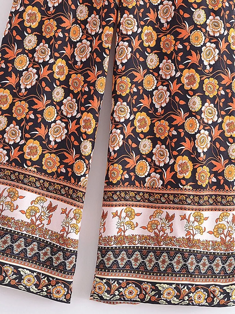 Long Flare Pants Black-Brown Flowers
