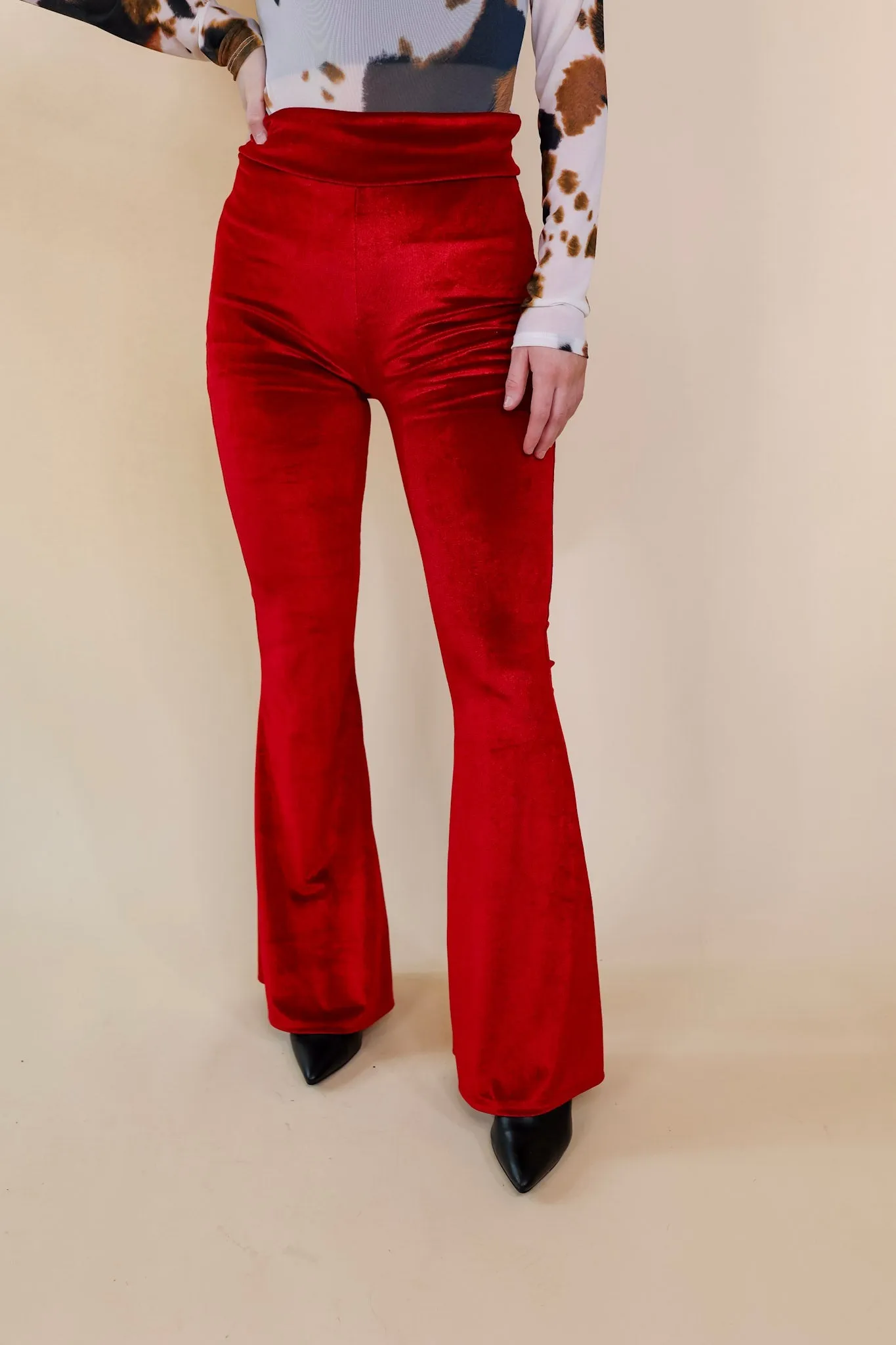Luxe Standard Velvet Bell Bottom Pants in Red