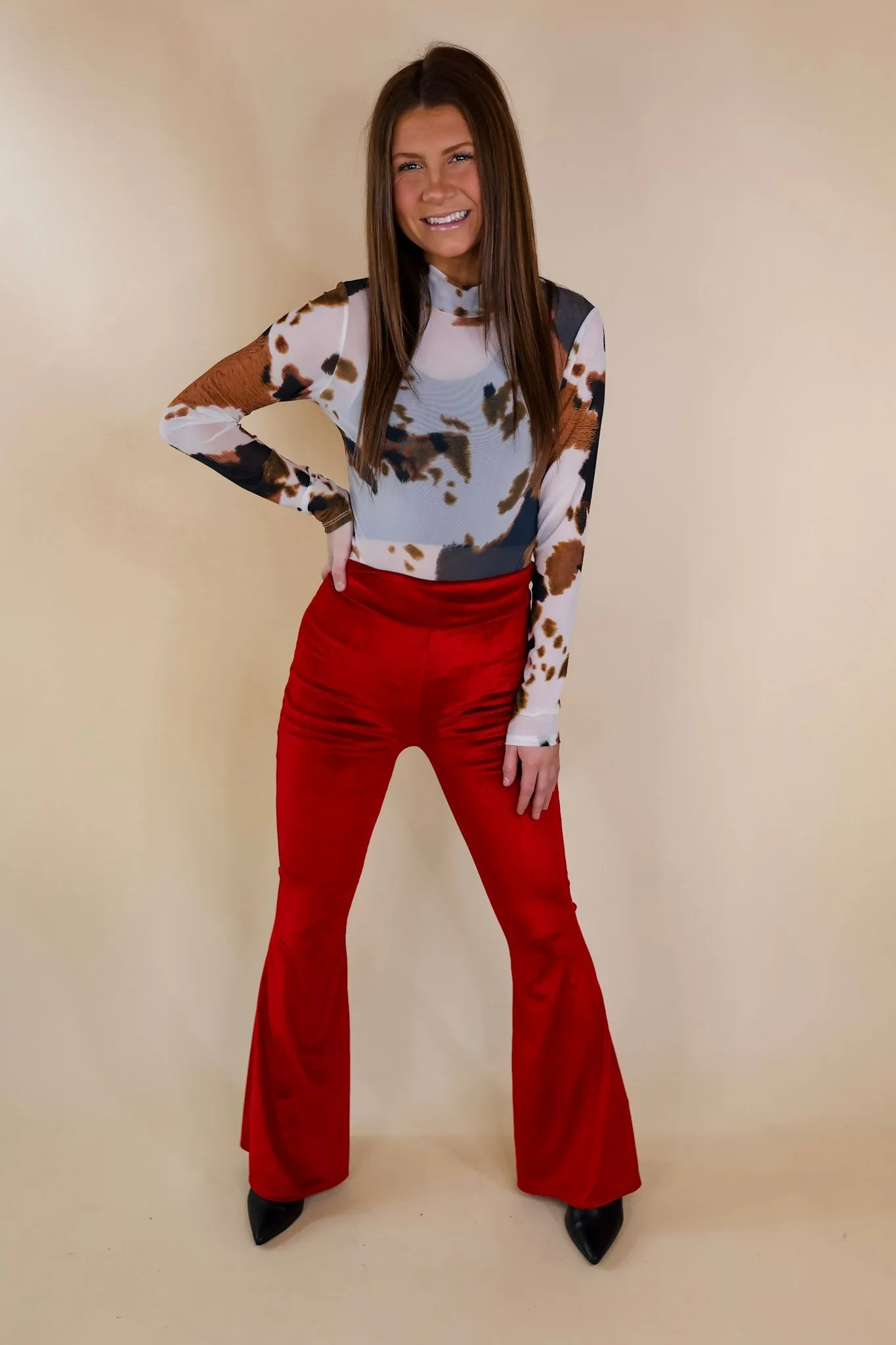 Luxe Standard Velvet Bell Bottom Pants in Red