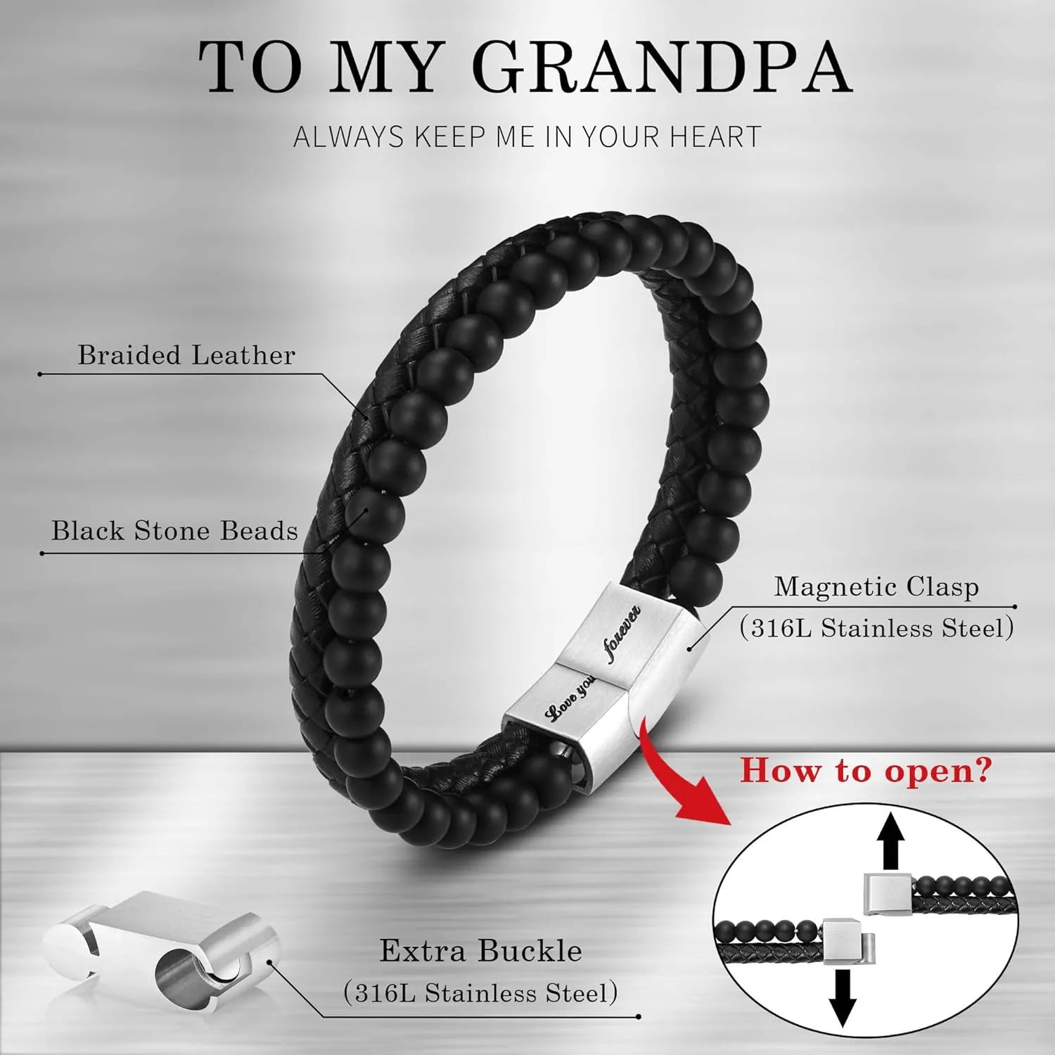 LUXEJEW Fathers Day Gifts for Men - Beaded Leather Bracelets for Men Dad Husband Son Grandpa Boyfriend Grandson Brother Nephew Uncle 6mm Matte Agate Stone Stainless Steel Magnetic Clasp