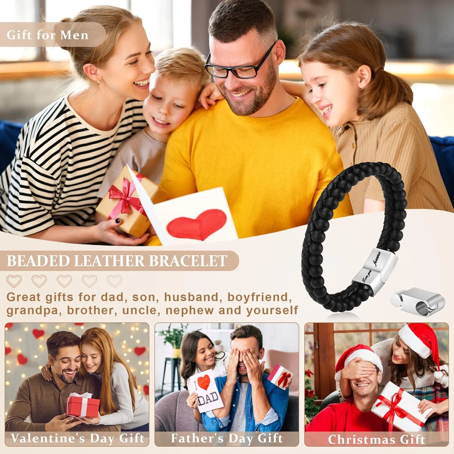 LUXEJEW Fathers Day Gifts for Men - Beaded Leather Bracelets for Men Dad Husband Son Grandpa Boyfriend Grandson Brother Nephew Uncle 6mm Matte Agate Stone Stainless Steel Magnetic Clasp