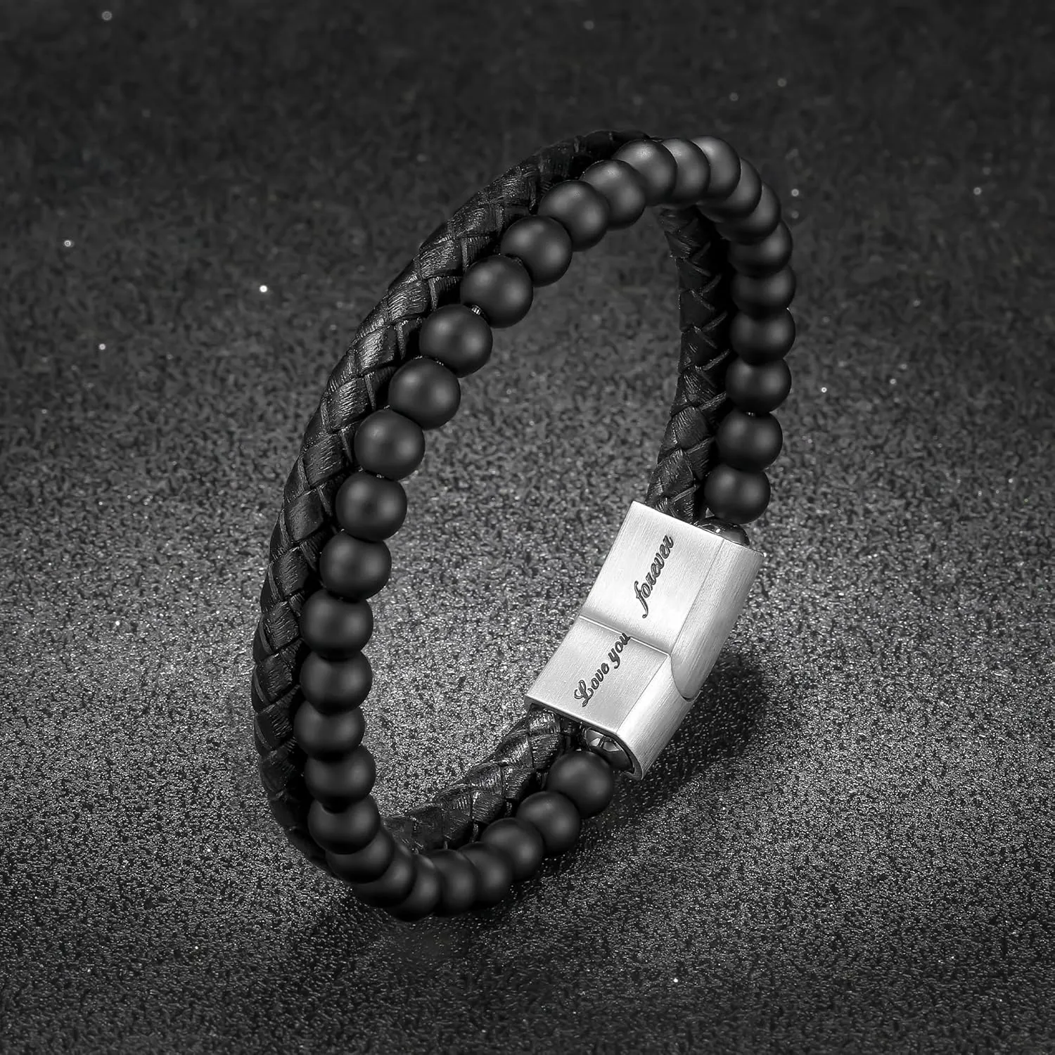 LUXEJEW Fathers Day Gifts for Men - Beaded Leather Bracelets for Men Dad Husband Son Grandpa Boyfriend Grandson Brother Nephew Uncle 6mm Matte Agate Stone Stainless Steel Magnetic Clasp